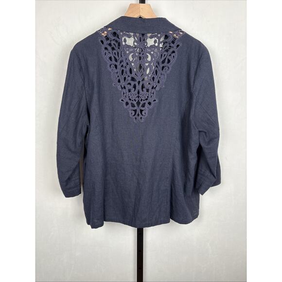 Susan Graver Linen Blend Blazer Jacket XL Navy Blue Crochet Detail Boho Classic - Picture 6 of 12